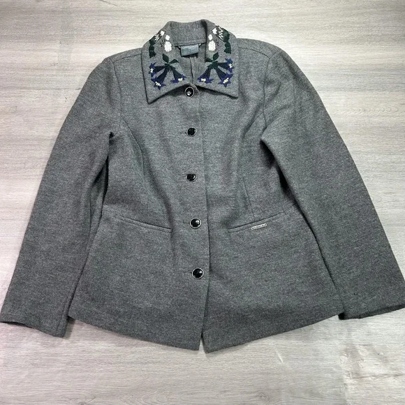 VINTAGE Geiger Skirt Suit Womens 38 Gray Wool Embroidered Floral 2 Piece Austria - Picture 2 of 16